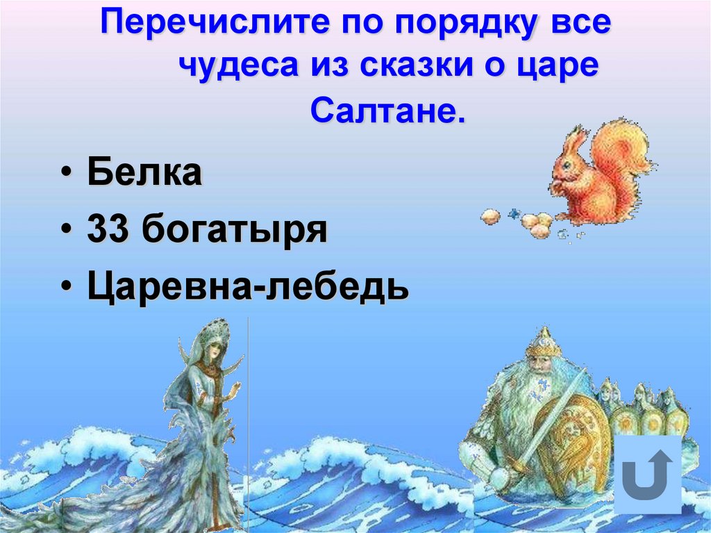 Перечислите по порядку все чудеса из сказки о царе Салтане.