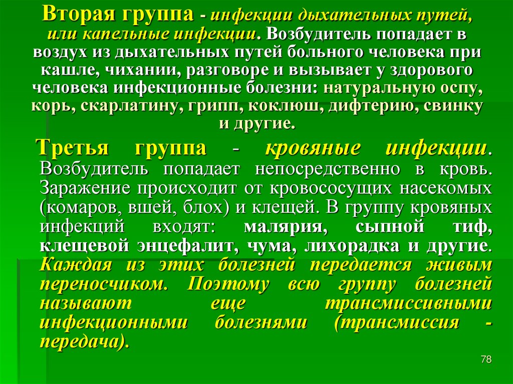 Вторая группа - инфекции дыхательных путей, или капельные инфекции. Возбудитель попадает в воздух из дыхательных путей больного