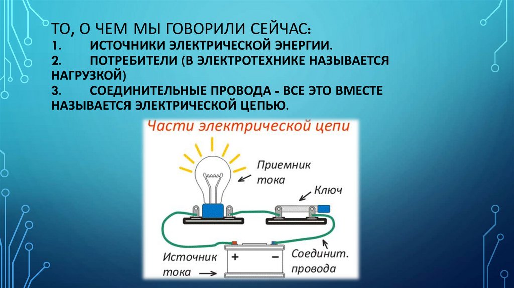 То, о чем мы говорили сейчас: 1. Источники электрической энергии. 2. Потребители (в электротехнике называется нагрузкой) 3.