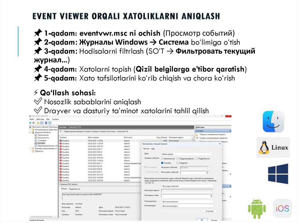 Event Viewer orqali xatoliklarni aniqlash