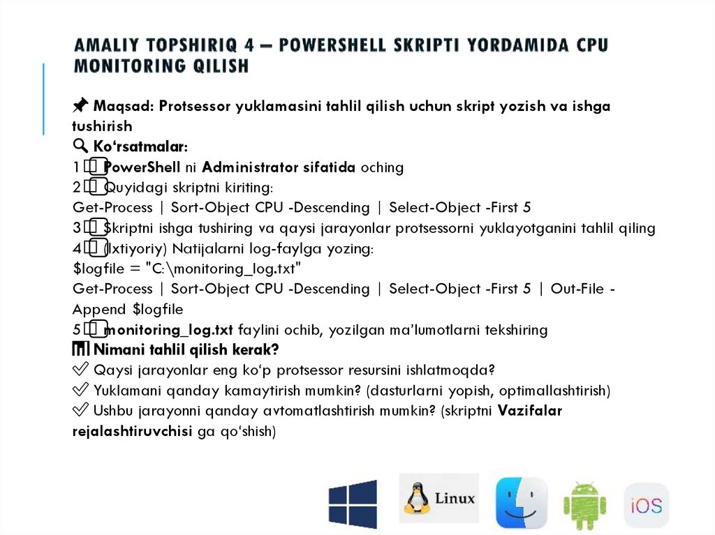Amaliy topshiriq 4 – PowerShell skripti yordamida CPU monitoring qilish