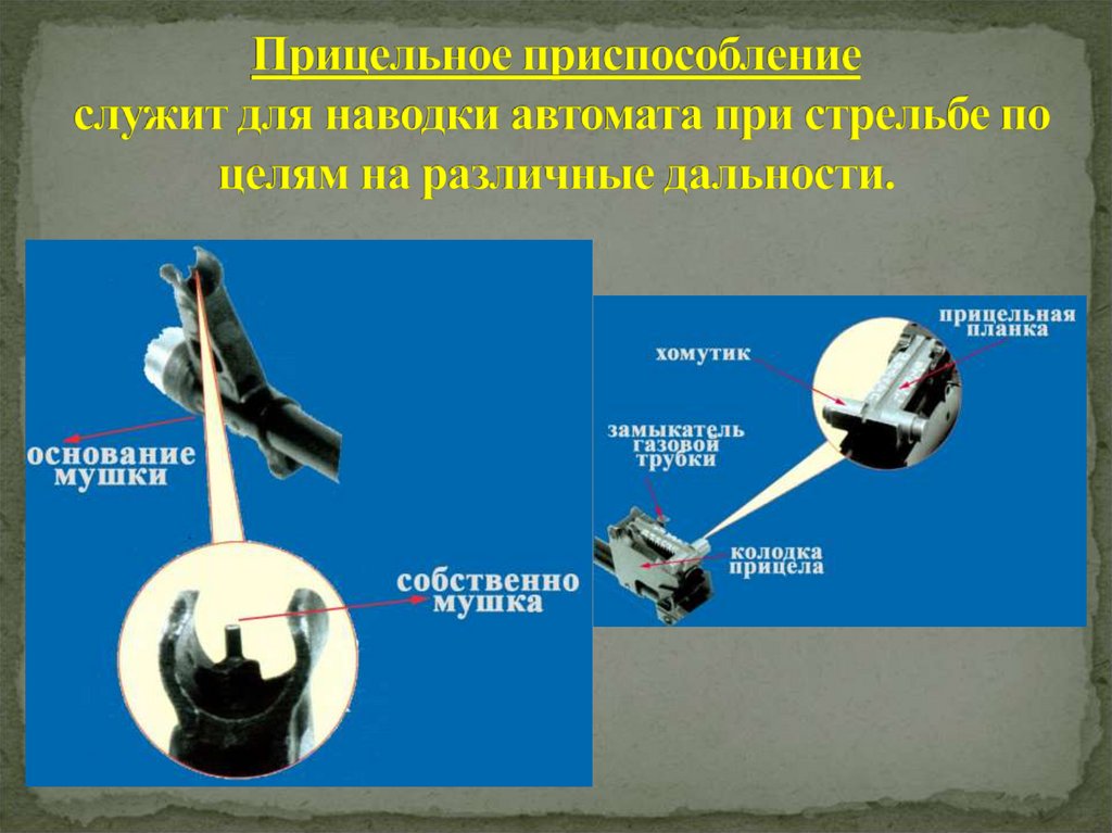 Прицельное приспособление служит для наводки автомата при стрельбе по целям на различные дальности.