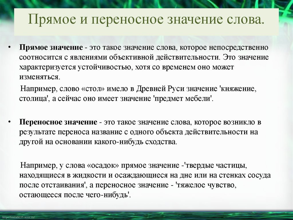 Прямое и переносное значение слова.