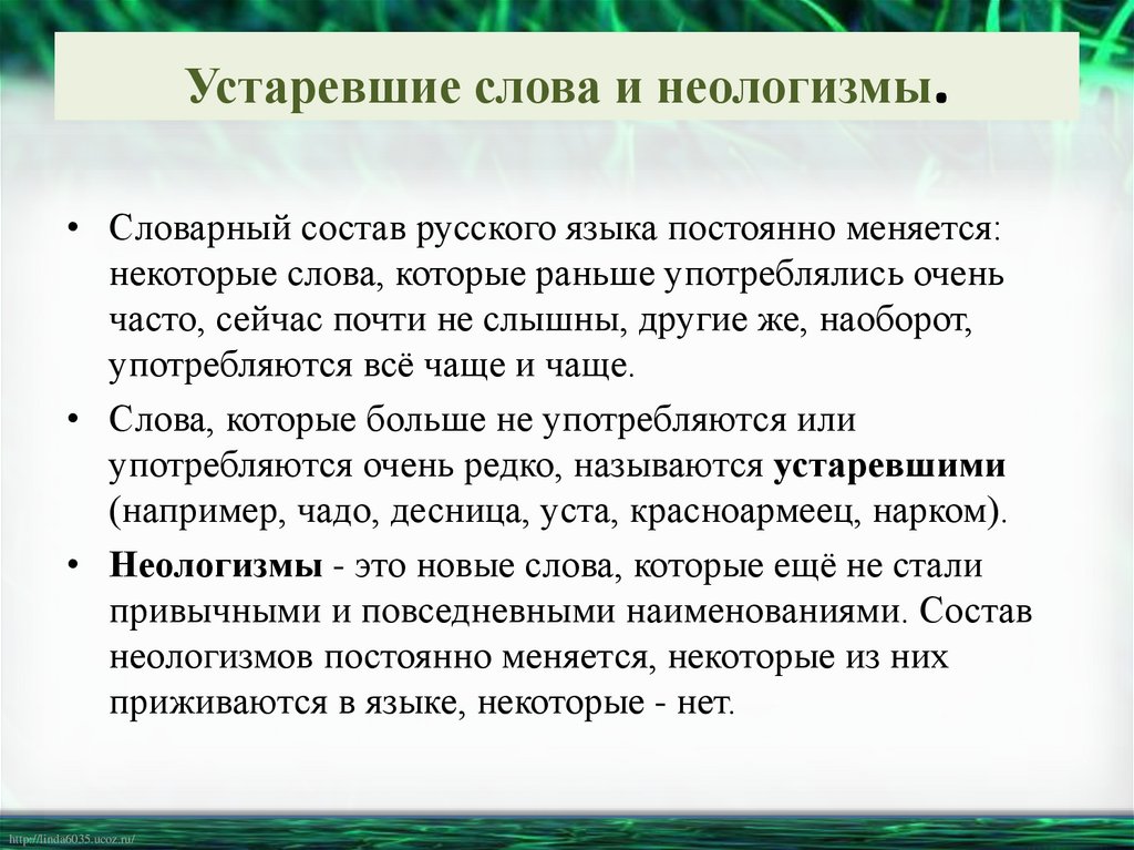 Устаревшие слова и неологизмы.