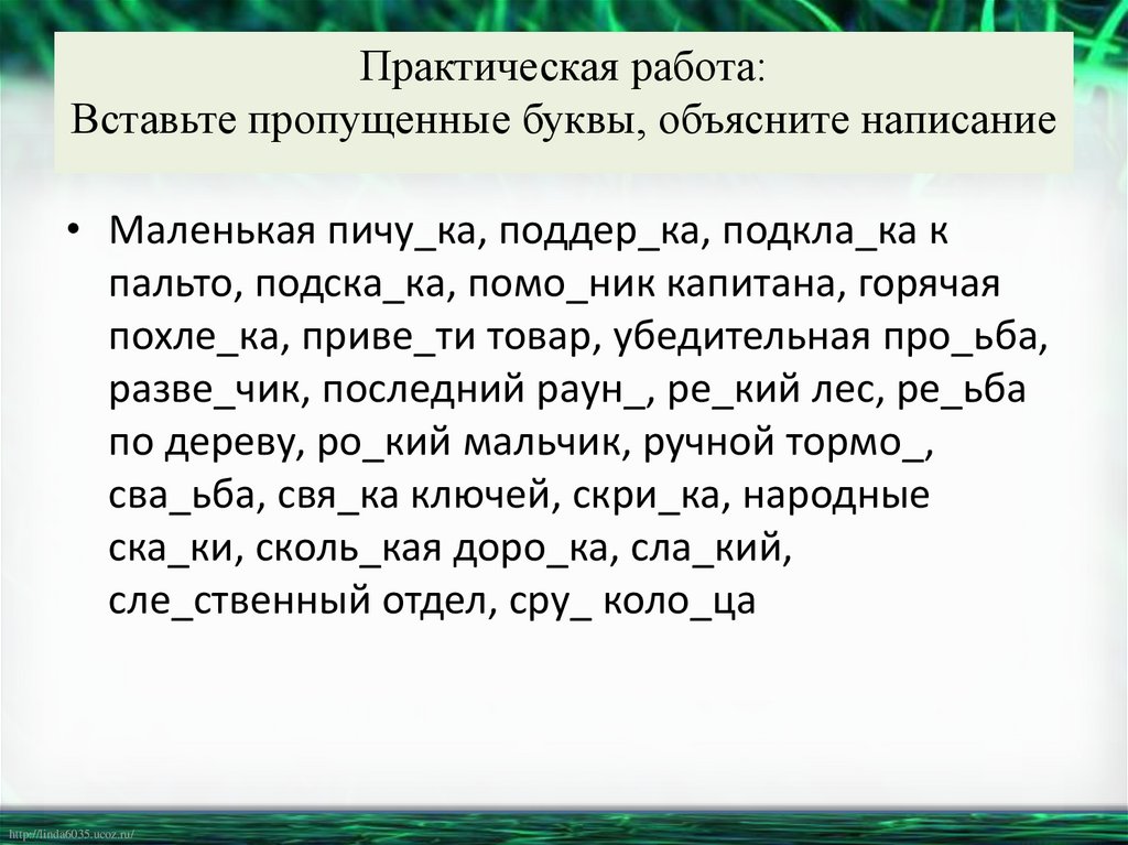 Практическая работа: Вставьте пропущенные буквы, объясните написание