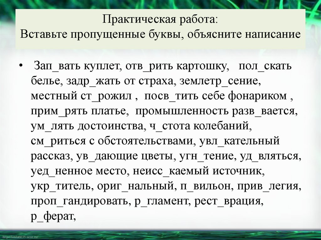 Практическая работа: Вставьте пропущенные буквы, объясните написание