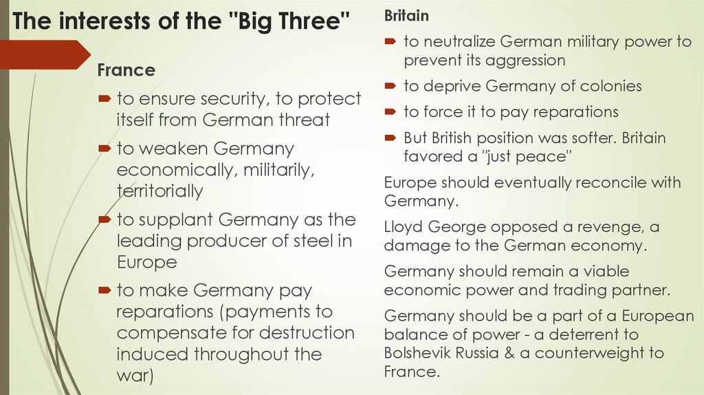 The interests of the "Big Three"