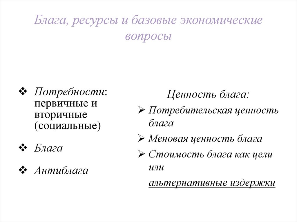 Блага, ресурсы и базовые экономические вопросы