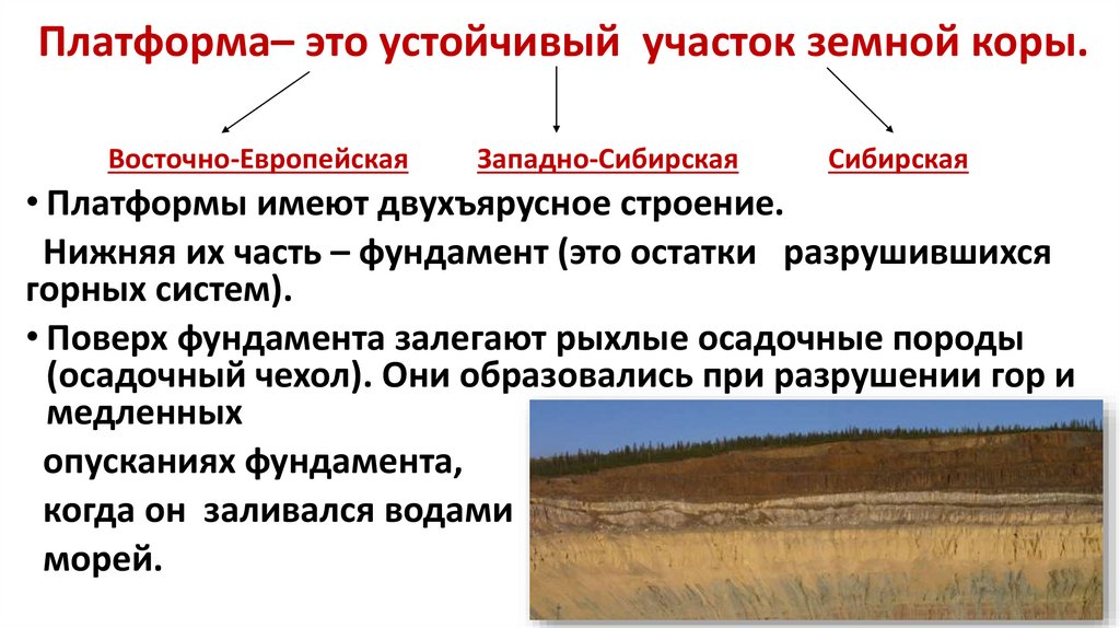 Платформа– это устойчивый участок земной коры.