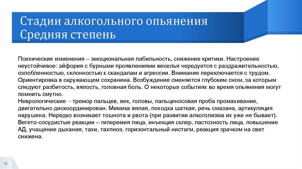 Стадии алкогольного опьянения Средняя степень