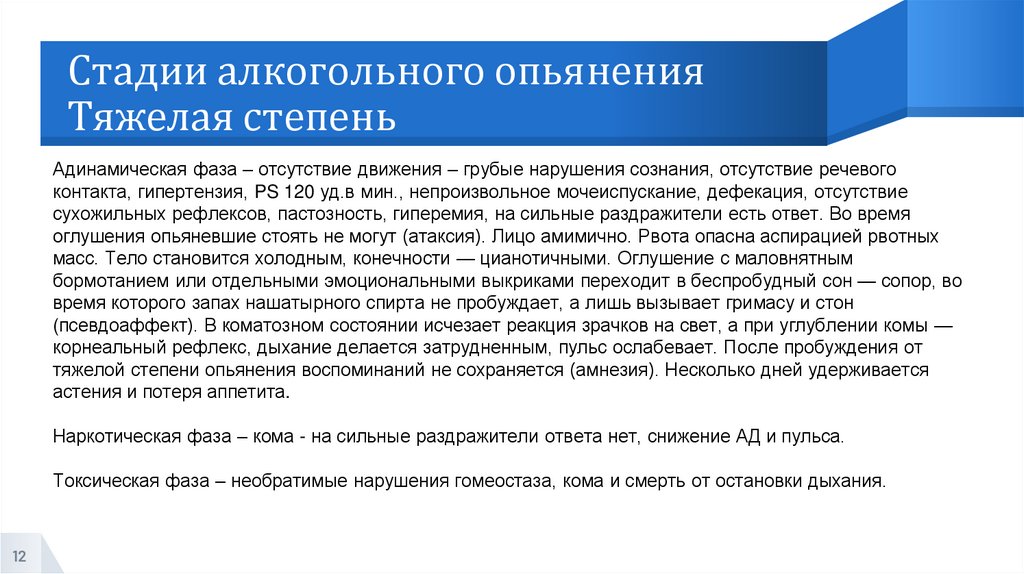 Стадии алкогольного опьянения Тяжелая степень