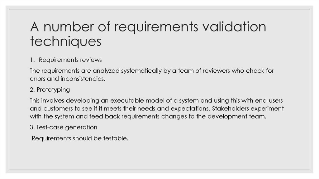 A number of requirements validation techniques