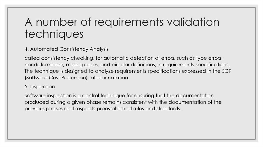 A number of requirements validation techniques