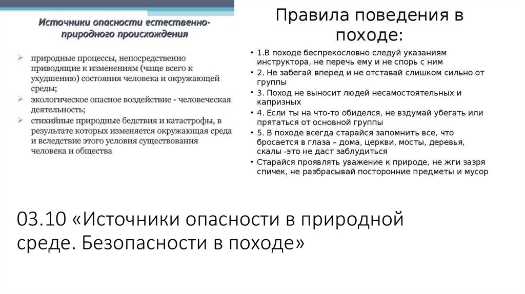 03.10 «Источники опасности в природной среде. Безопасности в походе»