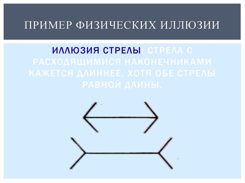 Иллюзия стрелы: стрела с расходящимися наконечниками кажется длиннее, хотя обе стрелы равной длины.