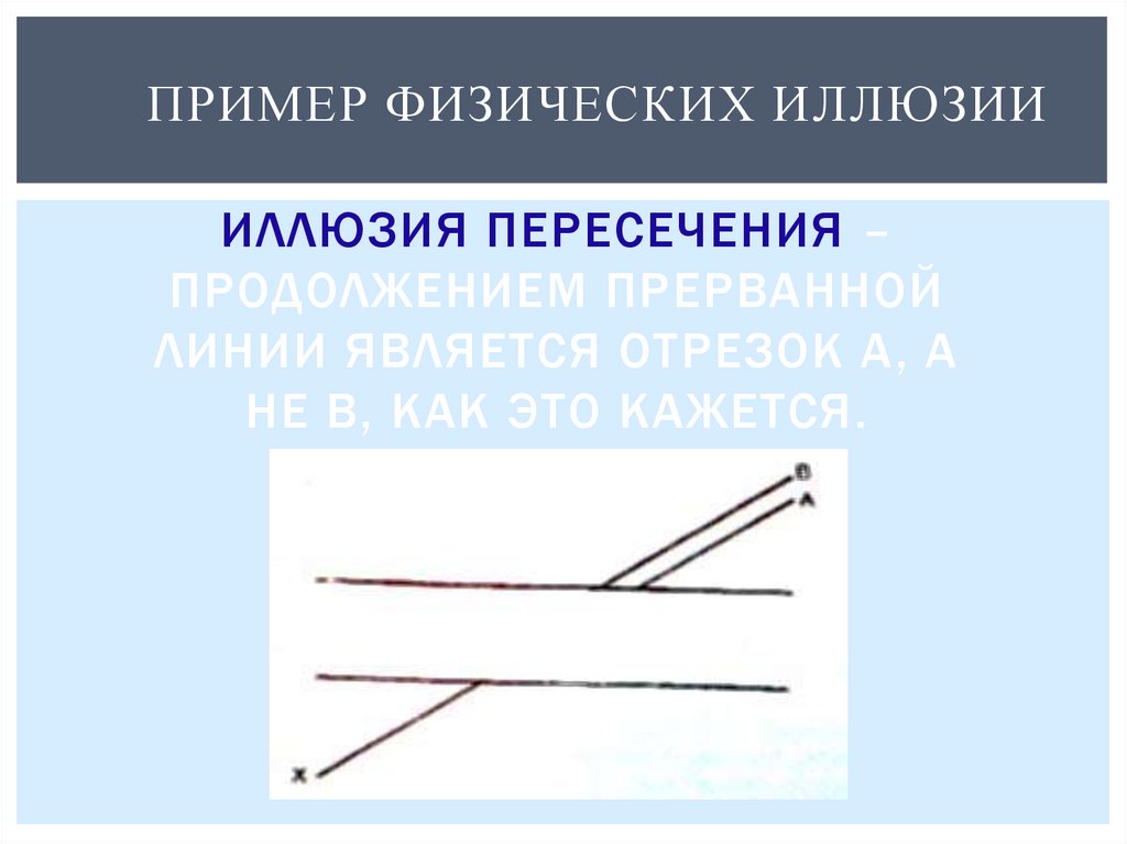 Иллюзия пересечения – продолжением прерванной линии является отрезок А, а не В, как это кажется.