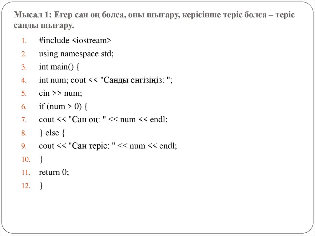 Мысал 1: Егер сан оң болса, оны шығару, керісінше теріс болса – теріс санды шығару.