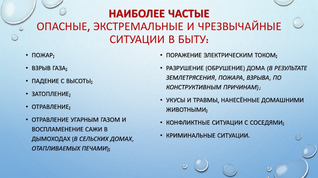 Наиболее частые опасные, экстремальные и чрезвычайные ситуации в быту: