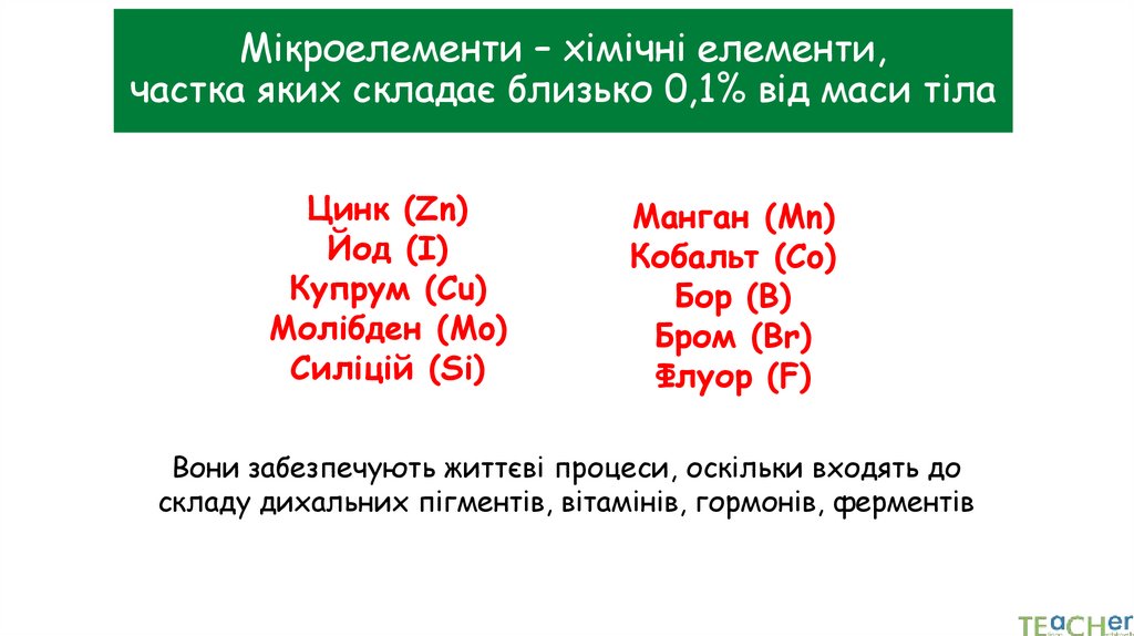 Мікроелементи – хімічні елементи, частка яких складає близько 0,1% від маси тіла