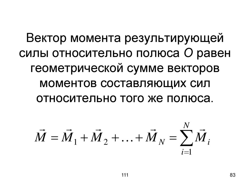 Вектор момента результирующей силы относительно полюса О равен геометрической сумме векторов моментов составляющих сил