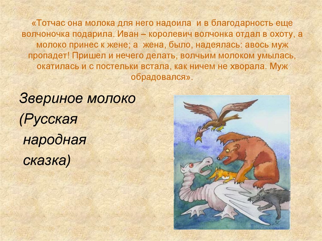 «Тотчас она молока для него надоила  и в благодарность еще волчоночка подарила. Иван – королевич волчонка отдал в охоту, а