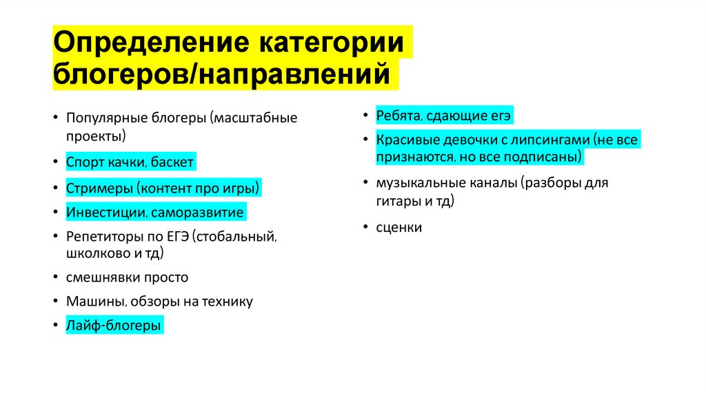 Определение категории блогеров/направлений