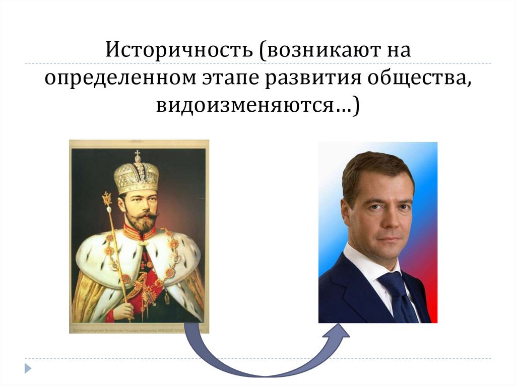 Историчность (возникают на определенном этапе развития общества, видоизменяются…)