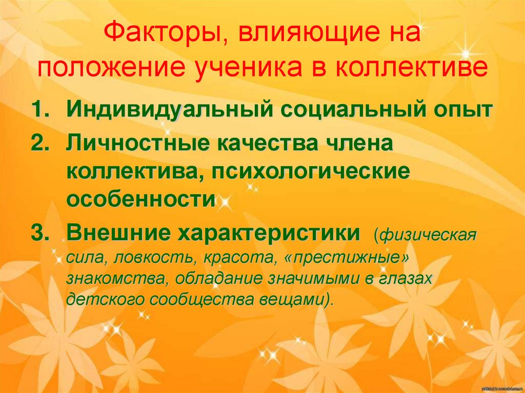 Факторы, влияющие на положение ученика в коллективе