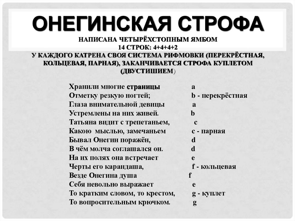 Онегинская строфа написана четырёхстопным ямбом 14 строк: 4+4+4+2 У каждого катрена своя система рифмовки (перекрёстная,