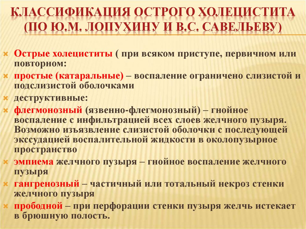 КЛАССИФИКАЦИЯ ОСТРОГО ХОЛЕЦИСТИТА (по Ю.М. ЛОПУХИНУ и В.С. САВЕЛЬЕВУ)