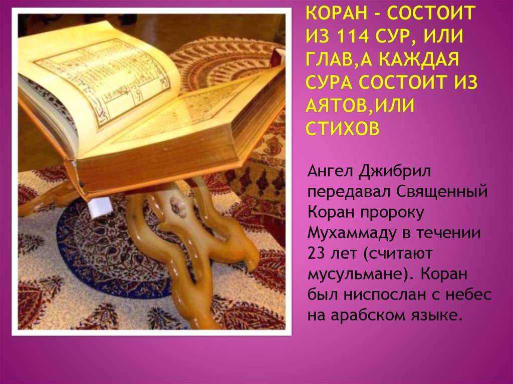 Коран - состоит из 114 сур, или глав,а каждая сура состоит из аятов,или стихов