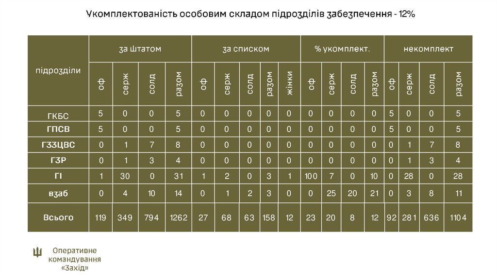 Укомплектованість особовим складом підрозділів забезпечення -12%
