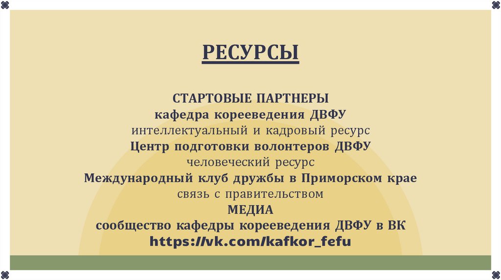 РЕСУРСЫ СТАРТОВЫЕ ПАРТНЕРЫ кафедра корееведения ДВФУ интеллектуальный и кадровый ресурс Центр подготовки волонтеров ДВФУ