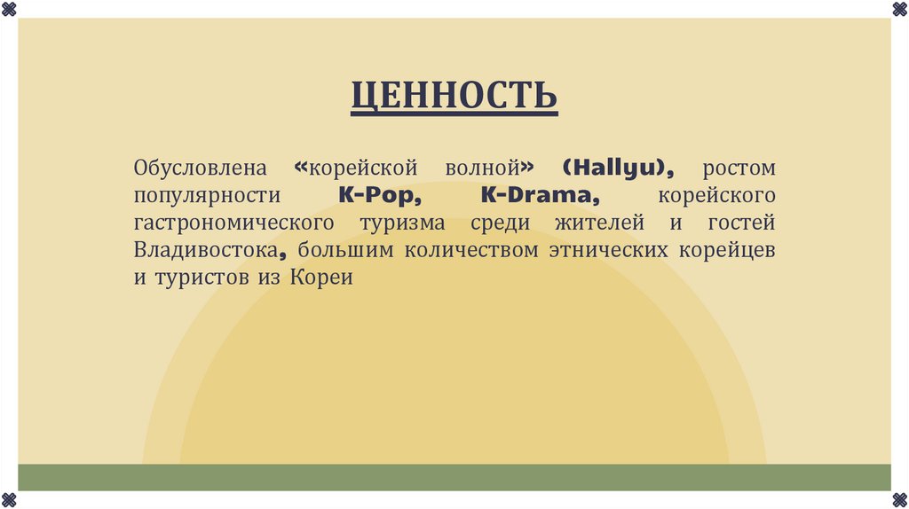 ЦЕННОСТЬ Обусловлена «корейской волной» (Hallyu), ростом популярности K-Pop, K-Drama, корейского гастрономического туризма