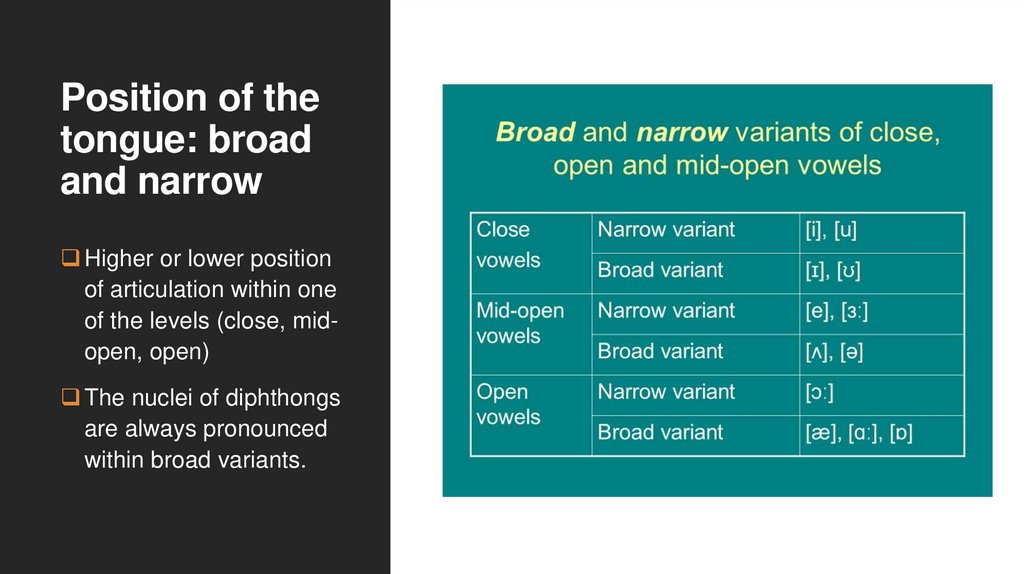 Position of the tongue: broad and narrow