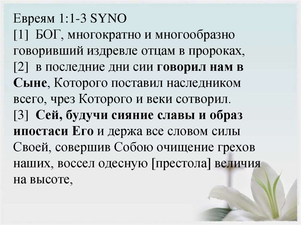 Евреям 1:1-3 SYNO [1]  БОГ, многократно и многообразно говоривший издревле отцам в пророках, [2]  в последние дни сии говорил