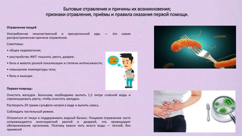 Бытовые отравления и причины их возникновения; признаки отравления, приёмы и правила оказания первой помощи.
