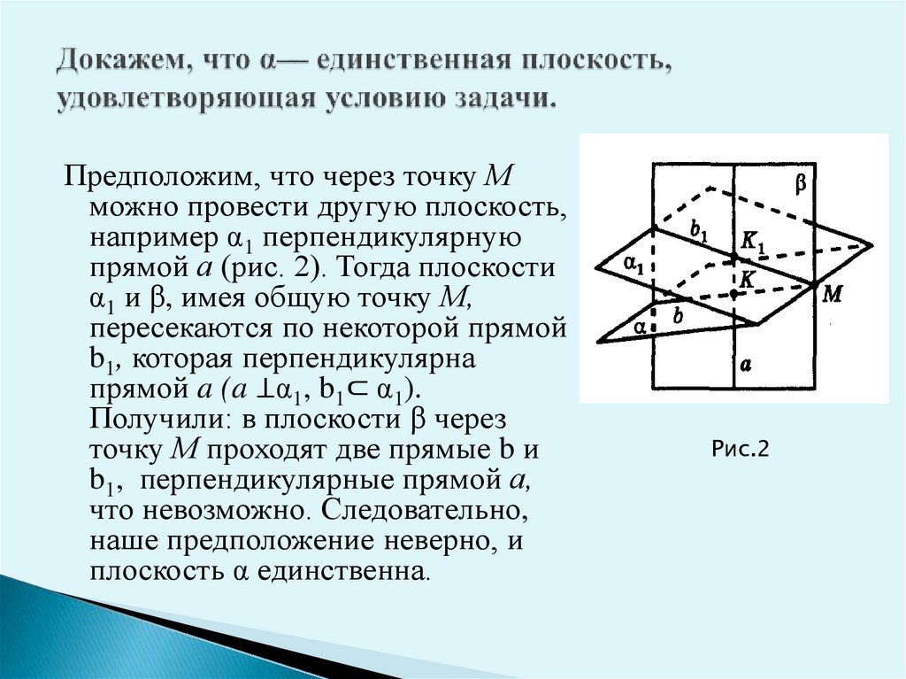 Докажем, что α— единственная плоскость, удовлетворяющая условию задачи.