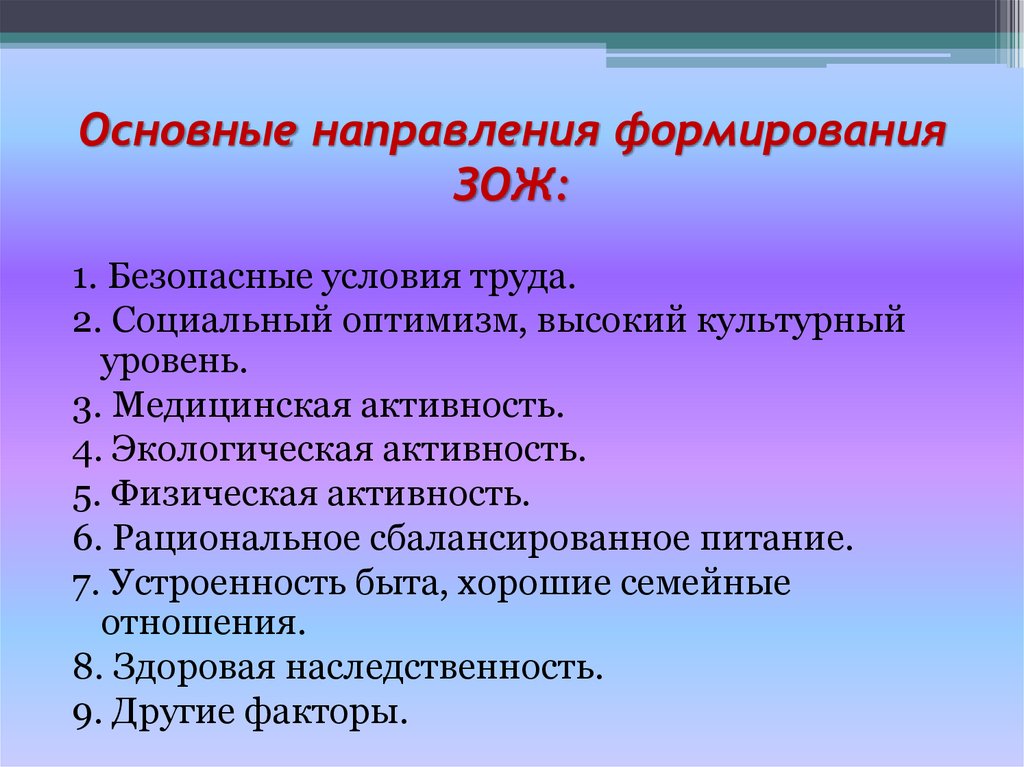 Основные направления формирования ЗОЖ: