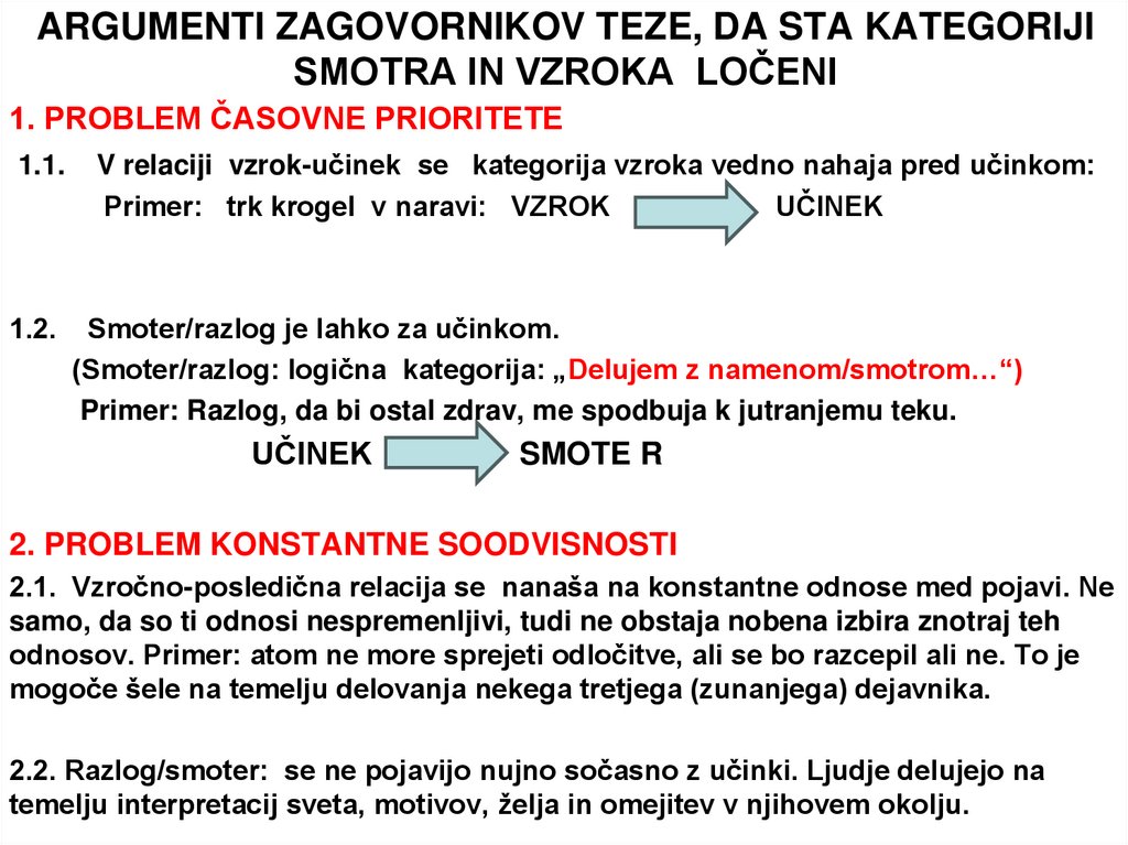 ARGUMENTI ZAGOVORNIKOV TEZE, DA STA KATEGORIJI SMOTRA IN VZROKA LOČENI