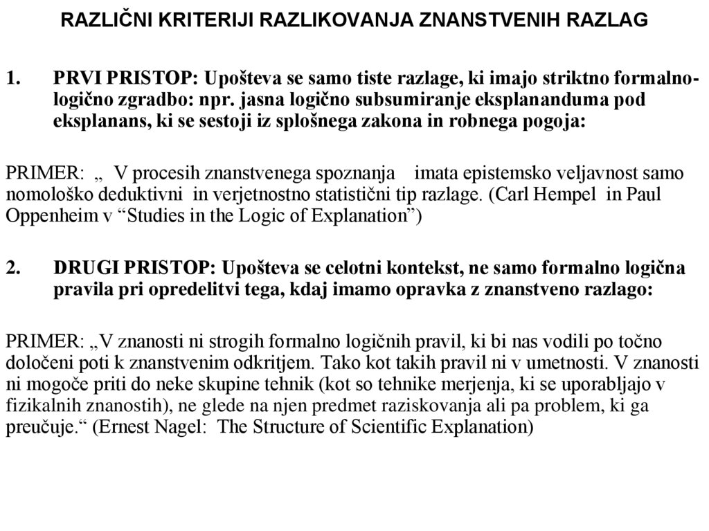 RAZLIČNI KRITERIJI RAZLIKOVANJA ZNANSTVENIH RAZLAG