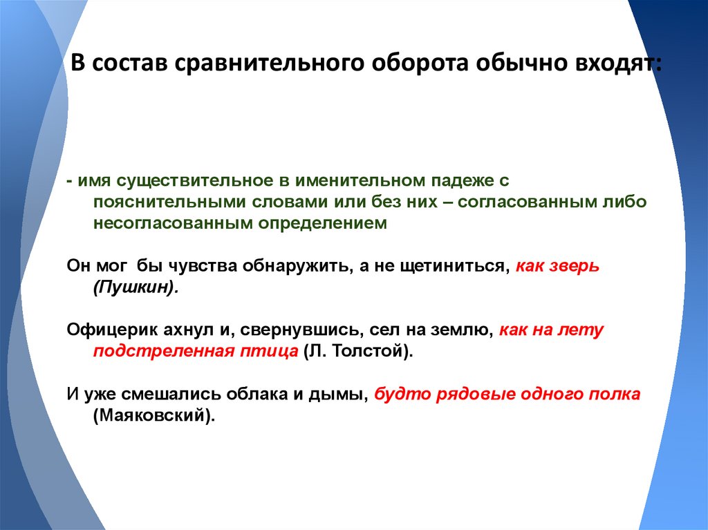 В состав сравнительного оборота обычно входят: