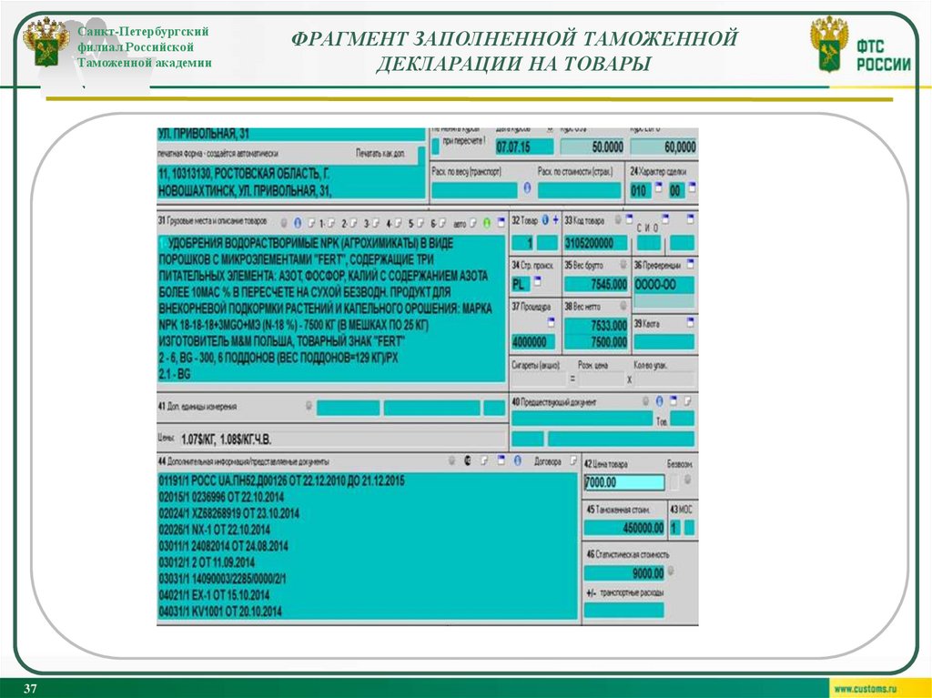 Фрагмент заполненной таможенной декларации на товары
