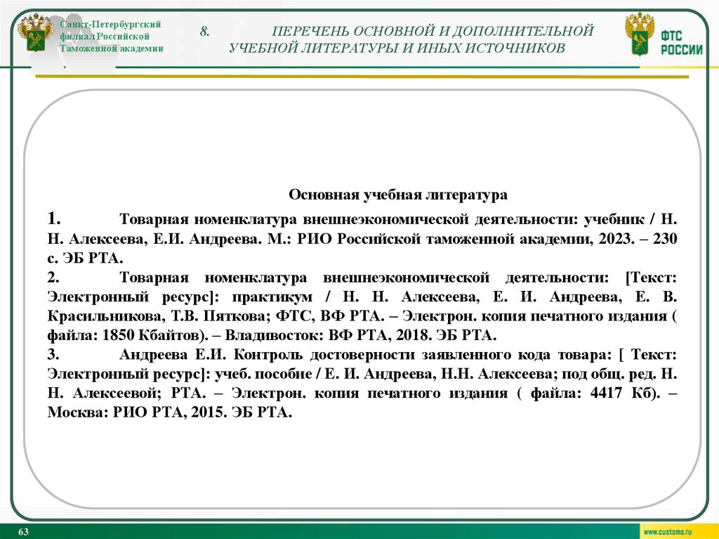 8. ПЕРЕЧЕНЬ ОСНОВНОЙ И ДОПОЛНИТЕЛЬНОЙ УЧЕБНОЙ ЛИТЕРАТУРЫ И ИНЫХ ИСТОЧНИКОВ