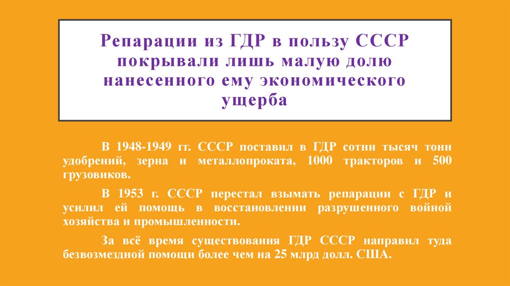 Репарации из ГДР в пользу СССР покрывали лишь малую долю нанесенного ему экономического ущерба
