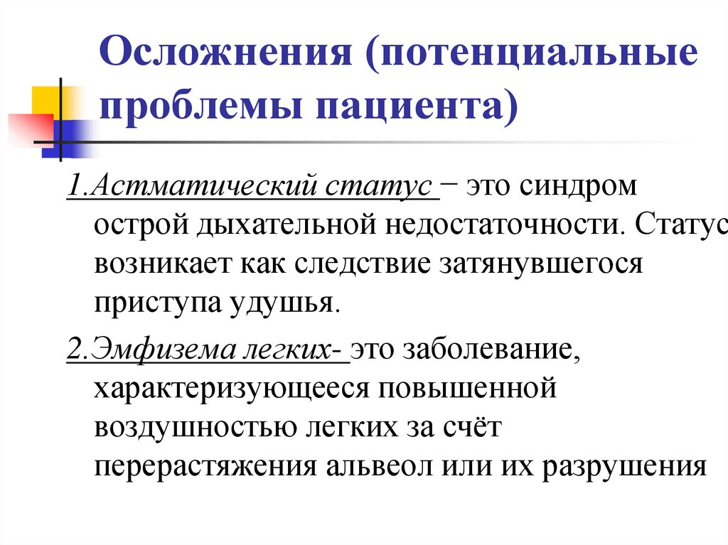 Осложнения (потенциальные проблемы пациента)