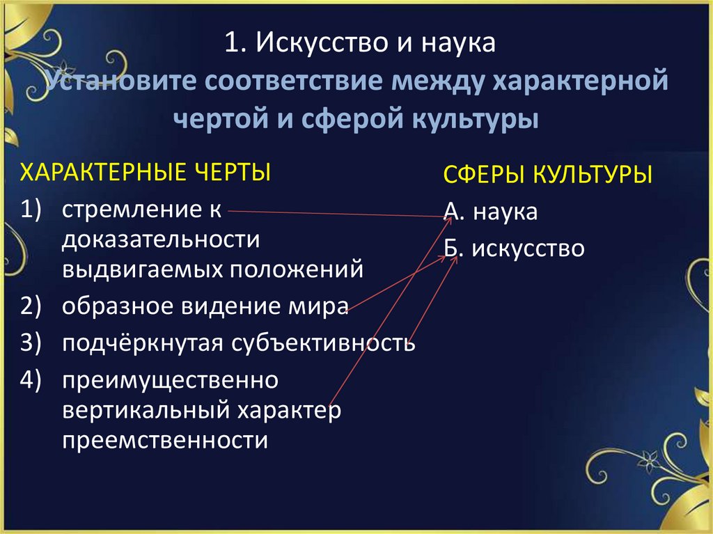 1. Искусство и наука Установите соответствие между характерной чертой и сферой культуры