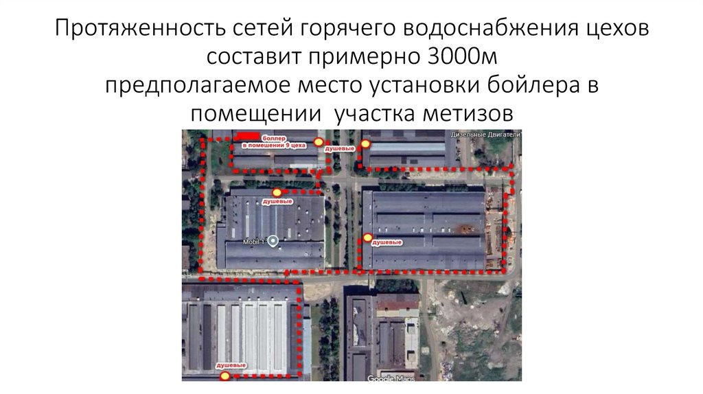 Протяженность сетей горячего водоснабжения цехов составит примерно 3000м предполагаемое место установки бойлера в помещении