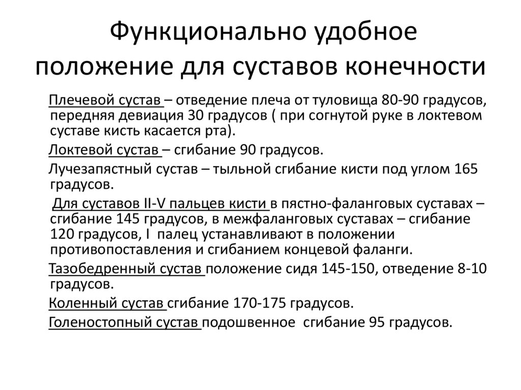 Функционально удобное положение для суставов конечности