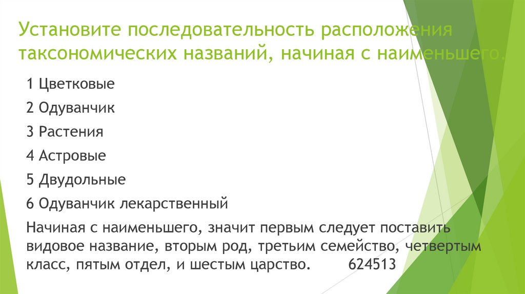 Установите последовательность расположения таксономических названий, начиная с наименьшего.